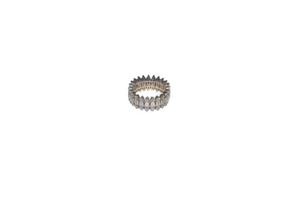 Sterling silver women’s eternity ring with marquise-cut and round-cut clear stones in a continuous sparkling design.
