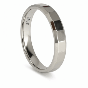 A close-up, angled shot of a polished sterling silver unisex ring with a faceted, geometric design, shown on a white background. The "S925" stamp is visible on the inside of the band.