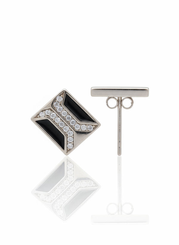 Madhisha Silvers BlinkX Black geometric unisex stud earrings in 925 silver with black inlay and clear stones.
