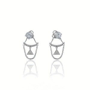 A pair of sterling silver ear jacket earrings with a round cubic zirconia stone and a chain connecting to a pavé-encrusted triangle.