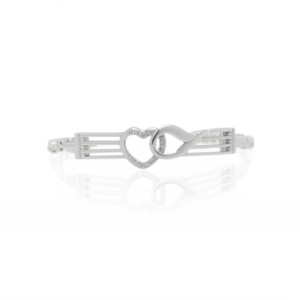 A sterling silver bracelet featuring a polished bar clasp and a central pavé cubic zirconia heart-shaped hook on a fine silver chain.
