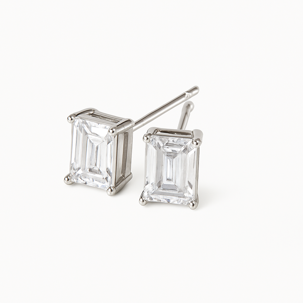CZ emerald cut studs, men's silver solitaire earrings, women's rectangular diamond simulant studs, 925 silver CZ earrings.
