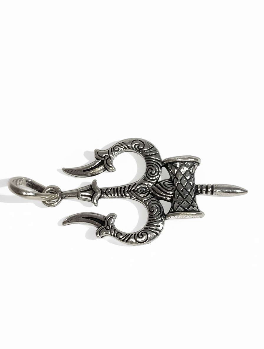 925 Sterling Silver Oxidized Tandav Amulet Pendant and Keyring featuring Trishul and Damaru Symbols