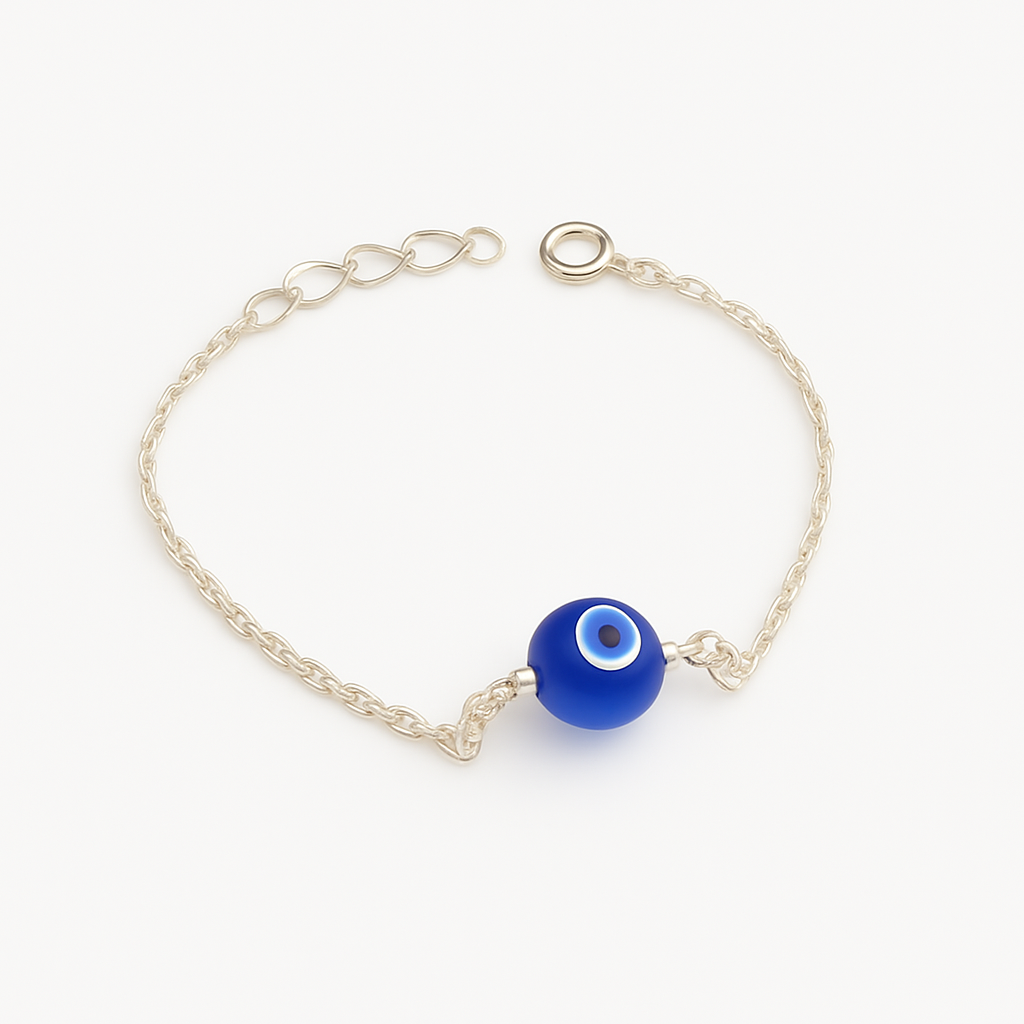 A 925 sterling silver rope chain bracelet with a single, central cobalt blue glass Evil Eye bead on a white background.
