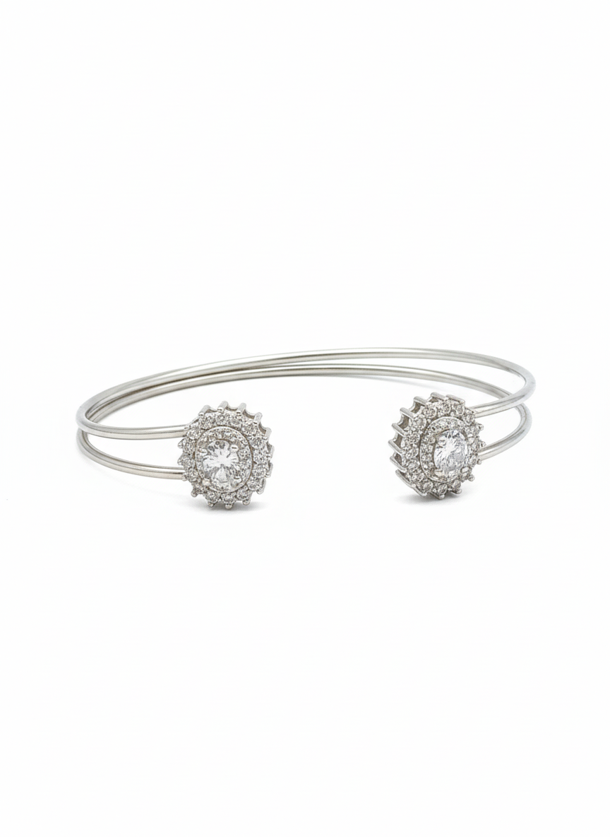 925 Sterling Silver Women's Open Kada with Dazzling CZ Stone Halo Clusters - Madhisha Silvers Celestial Halo Bangle