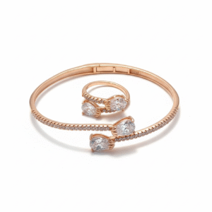 925 Sterling Silver Rose Gold Plated Free Size Kada and Indian Size 12 Ring Set with CZ Rosette Flower Clusters - Madhisha Silvers