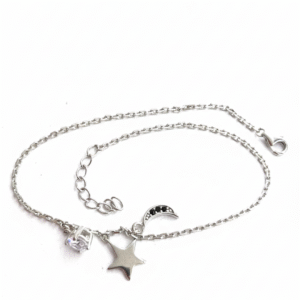 Starlit Moon 925 sterling silver bracelet with star, crescent moon, and crystal charms on a white background