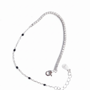 Sterling silver bracelet featuring a half tennis-style sparkle chain and delicate black bead accents with adjustable clasp