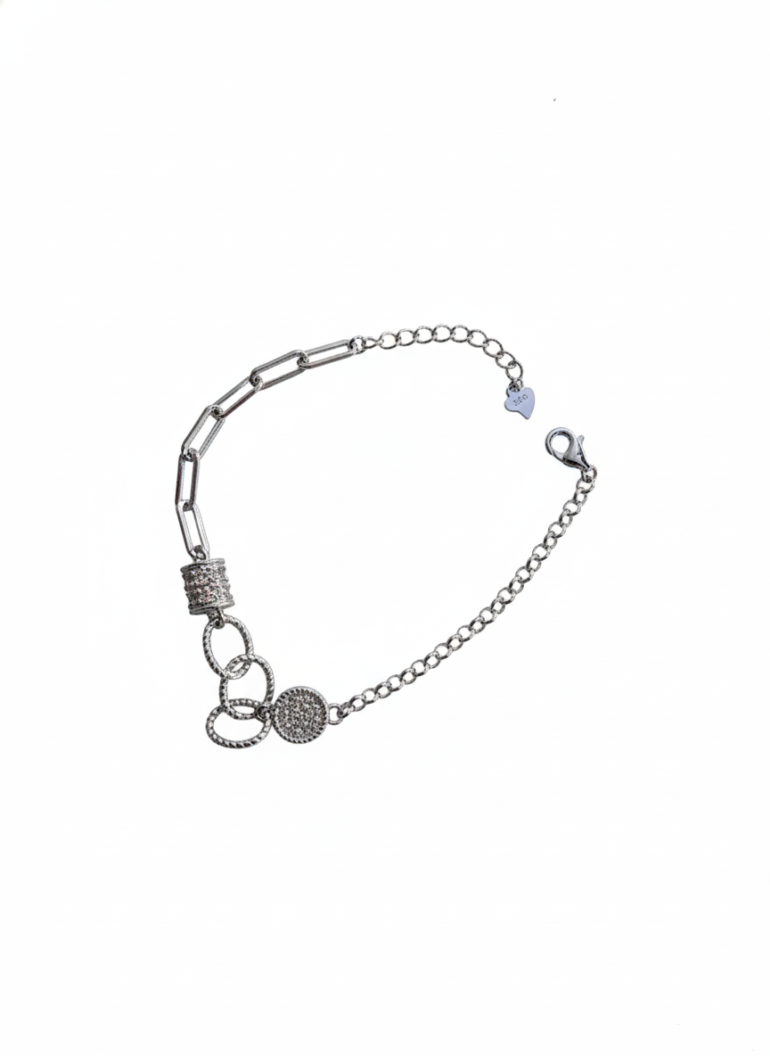 Iconic Link 925 925 sterling silver bracelet featuring paperclip chain links and circular pavé charm