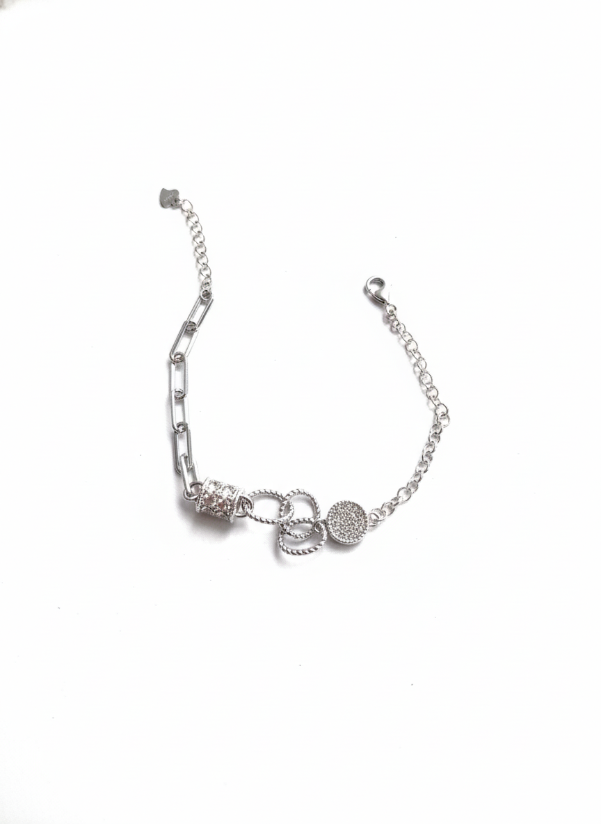 Modern 925 sterling silver paperclip link bracelet with cubic zirconia charm