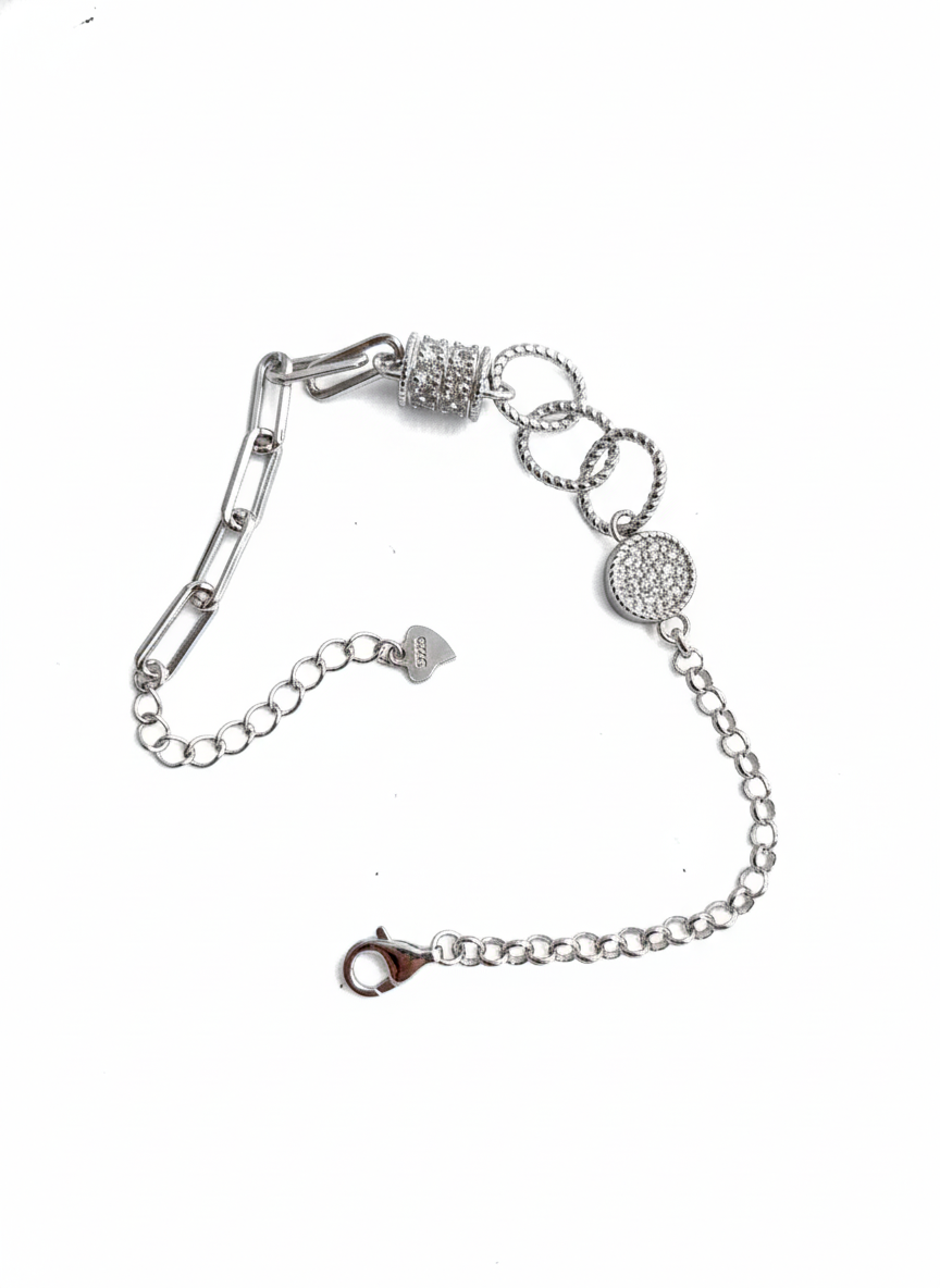 Iconic Link 925 sterling silver paperclip bracelet for women with zircon pavé charm by Madhisha Silvers