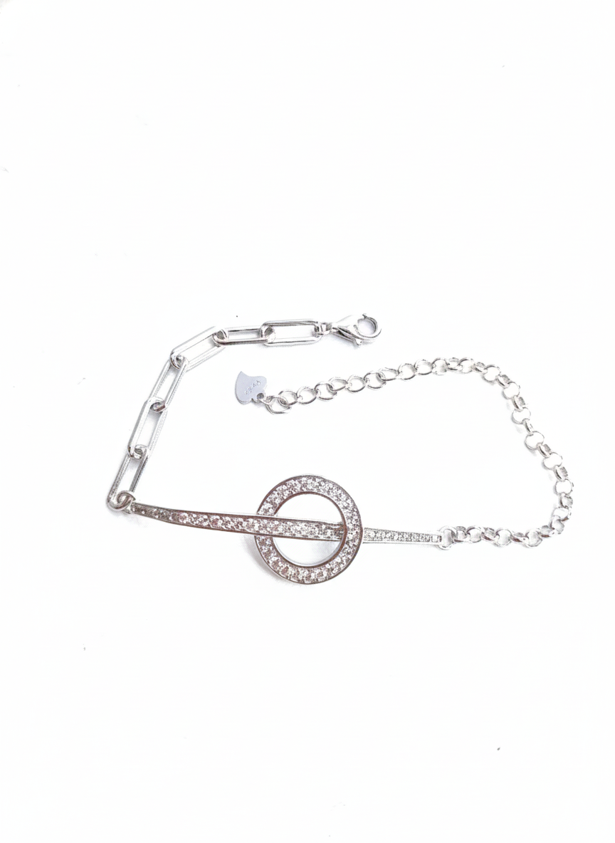 Modern sterling silver bracelet with circular pavé design and bar link chain
