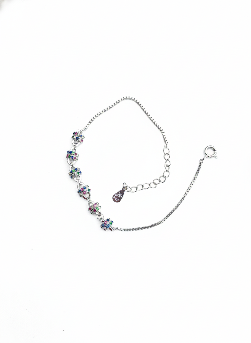 Multicolor flower charm bracelet in sterling silver with adjustable chain