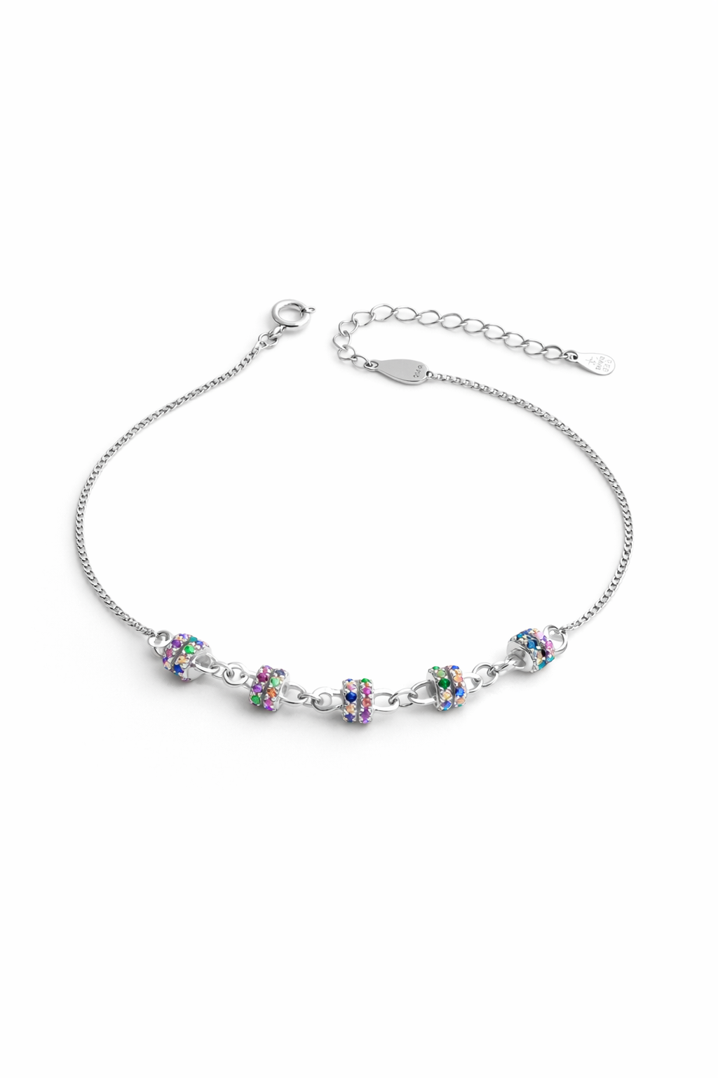 Rainbow Bloomé silver bracelet featuring colorful zircon flower design