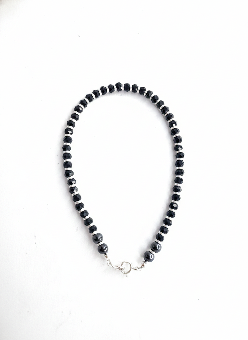 Black stone beaded bracelet for men and women with silver hardware