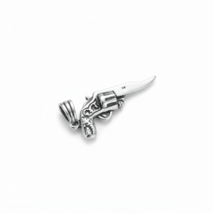 Madhisha Silvers 925 sterling silver renegade revolver gun knife hybrid charm pendant on a clean white background.