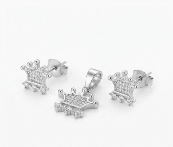 925 sterling silver royal tiara crown jewelry set with pendant and earrings by Madhisha.