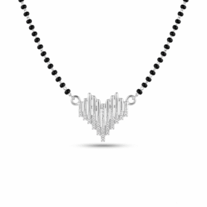 Detailed macro shot of the pave-set cubic zirconia stones on the modern silver heart mangalsutra pendant.