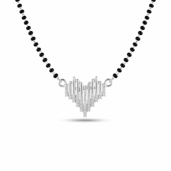 Detailed macro shot of the pave-set cubic zirconia stones on the modern silver heart mangalsutra pendant.