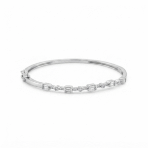 Crystal Solenne 925 Sterling Silver Bangle Bracelet with Baguette and Round Cubic Zirconia Stones