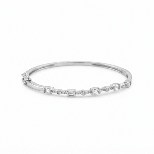Crystal Solenne 925 Sterling Silver Bangle Bracelet with Baguette and Round Cubic Zirconia Stones