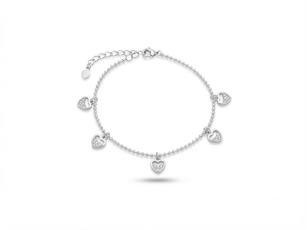 Madhisha 925 sterling silver heart charm bead chain rakhi bracelet on white background
