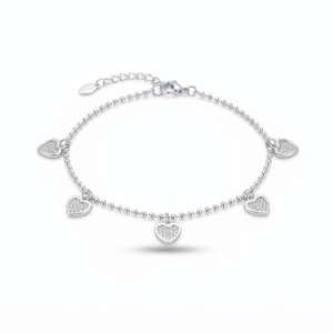 Close up of micro pave cubic zirconia heart charms on 925 silver bead chain