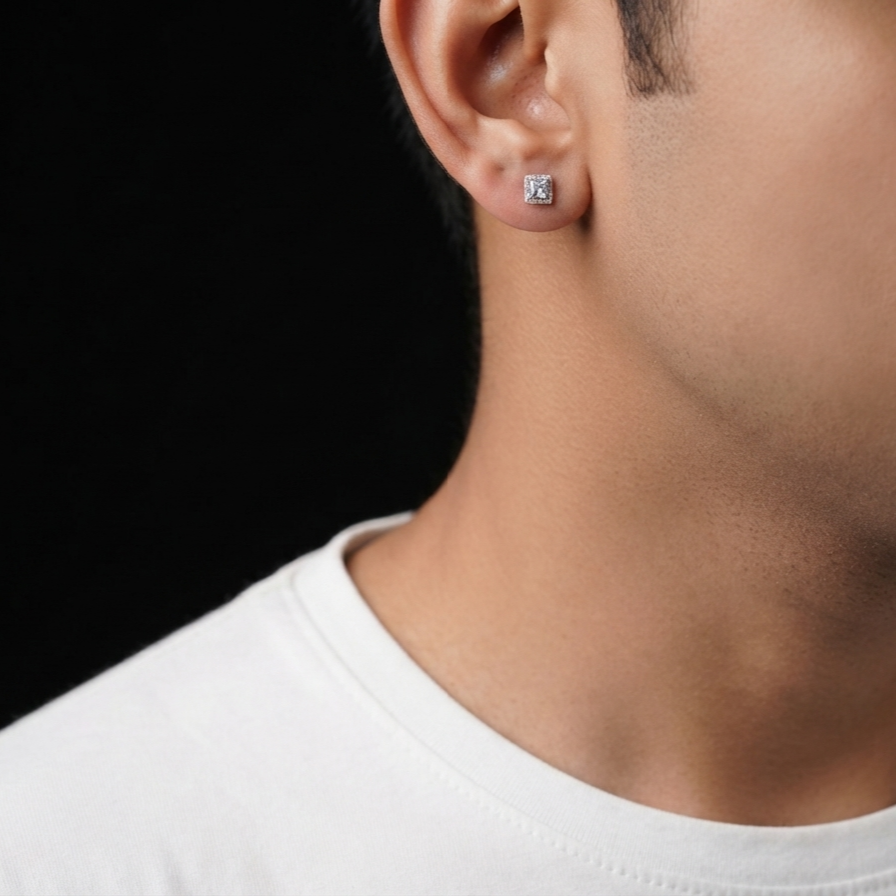 Regal-Square-925-sterling-silver-cz-stud-earrings on a model
