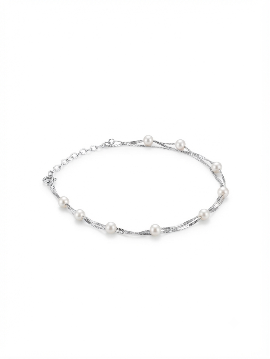Madhisha 925 sterling silver 3 layer chain pearl station bracelet layout on white background
