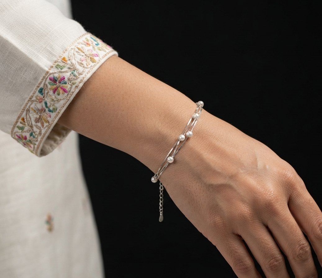 Madhisha Triple Strand Pearl 925 Sterling Silver Bracelet - Image 4