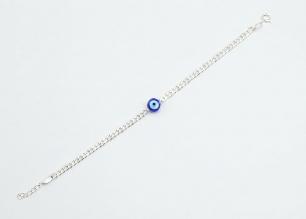 Spring ring clasp and extension chain on 925 silver evil eye curb bracelet