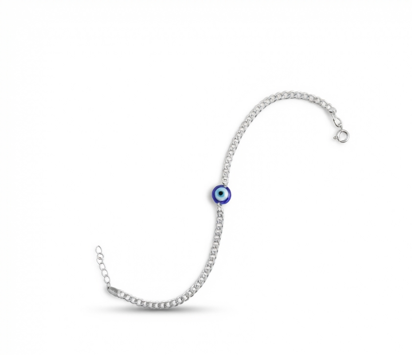 Madhisha Shield of Protection 925 sterling silver evil eye curb chain rakhi bracelet layout