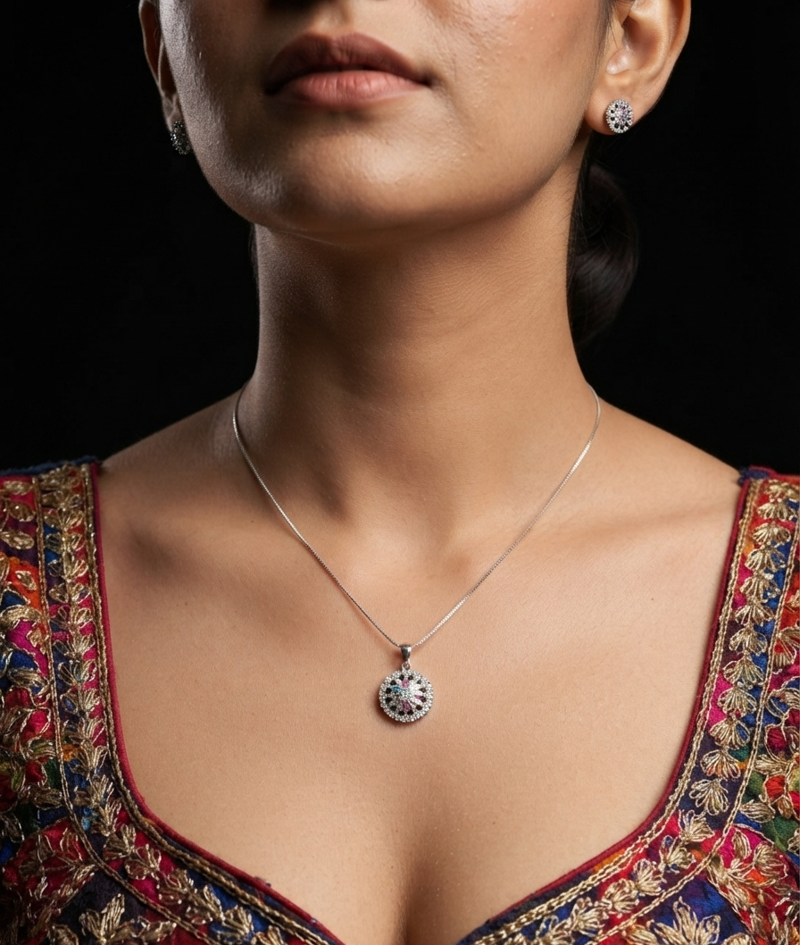 Glimmer Flora 925 silver necklace and matching earrings jewellery set for women, Glimmer Flora 925 intricate floral design sterling silver jewellery close up