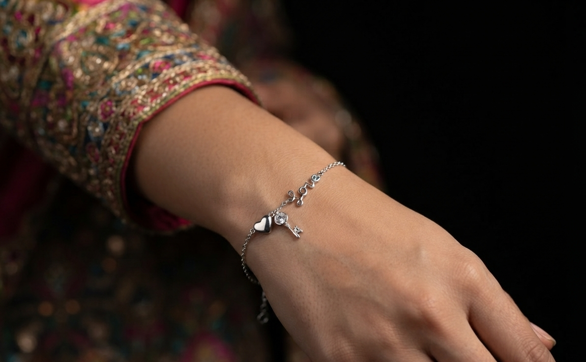 925 Hallmarked Sterling Silver Love Charm Bracelet for Women by Madhisha