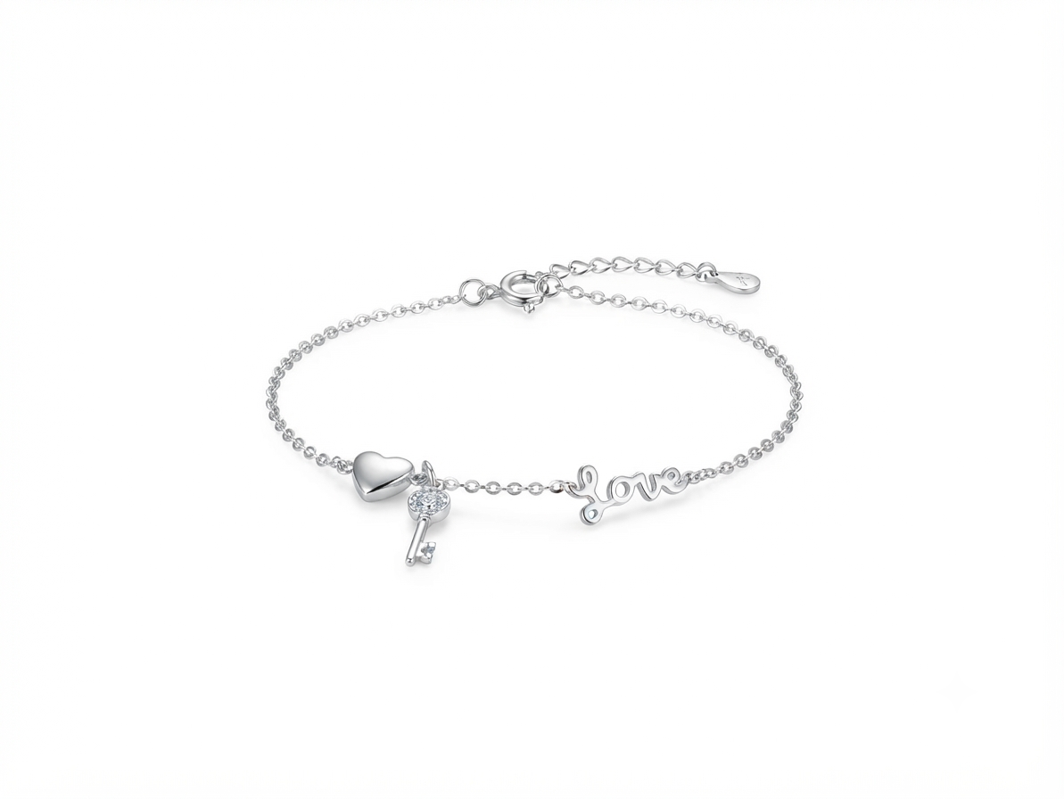 Lovelock 925 Sterling Silver Bracelet with Heart, Key and Love Charms
