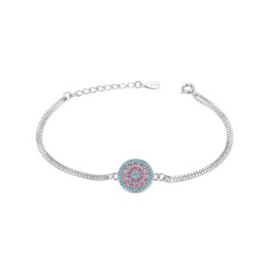 Madhisha 925 sterling silver double strand pink and blue cz mandala rakhi bracelet on white background
