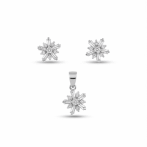 Madhisha 925 sterling silver baguette starburst pendant and matching stud earrings set on white background