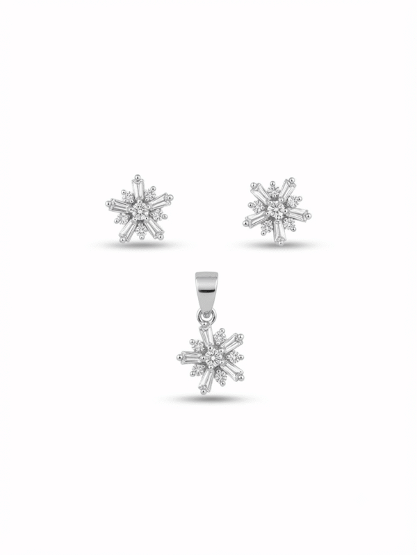 Madhisha 925 sterling silver baguette starburst pendant and matching stud earrings set on white background